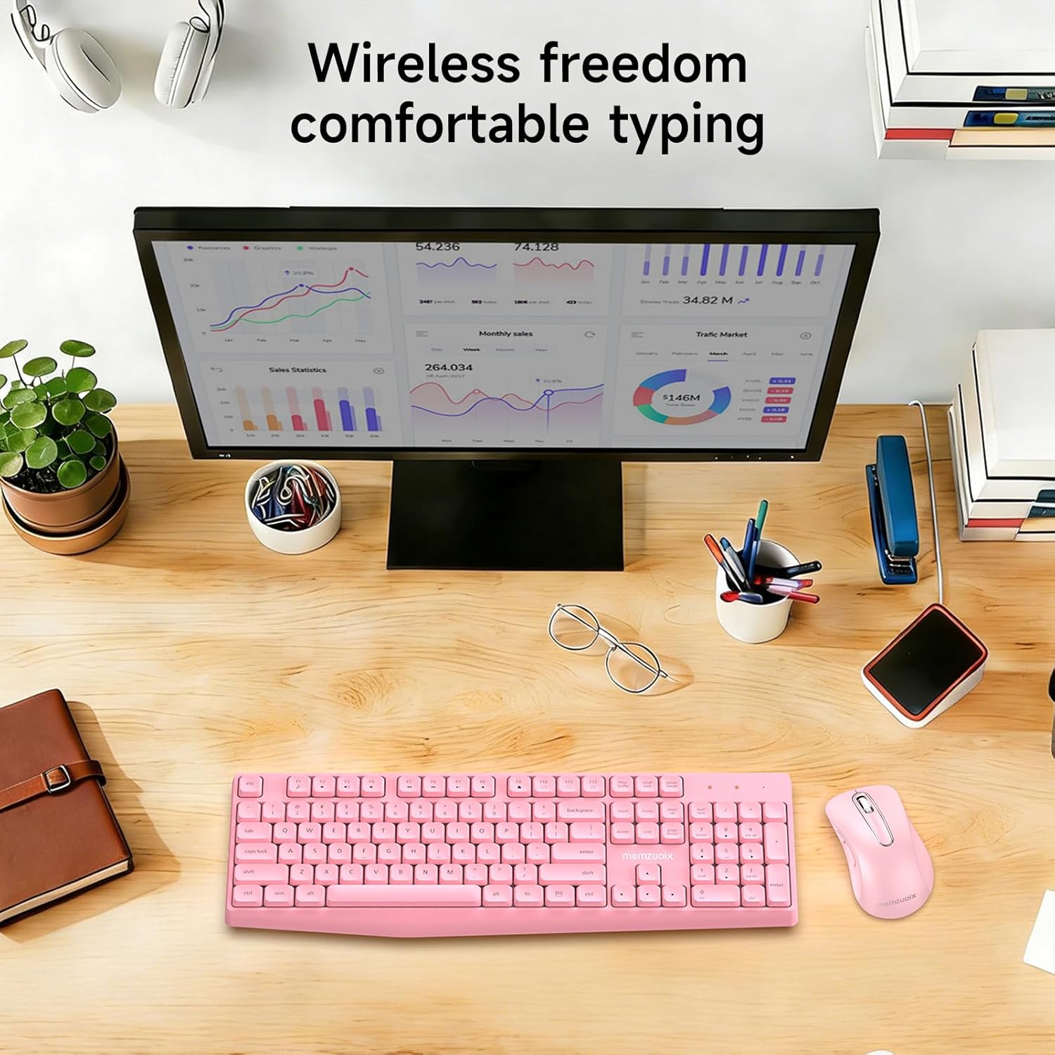 memzuoix Wireless Keyboard Mouse Combo - 2.4G Full-Size Ergonomic Set with USB Receiver for PC Laptop Windows Mac (Pink)