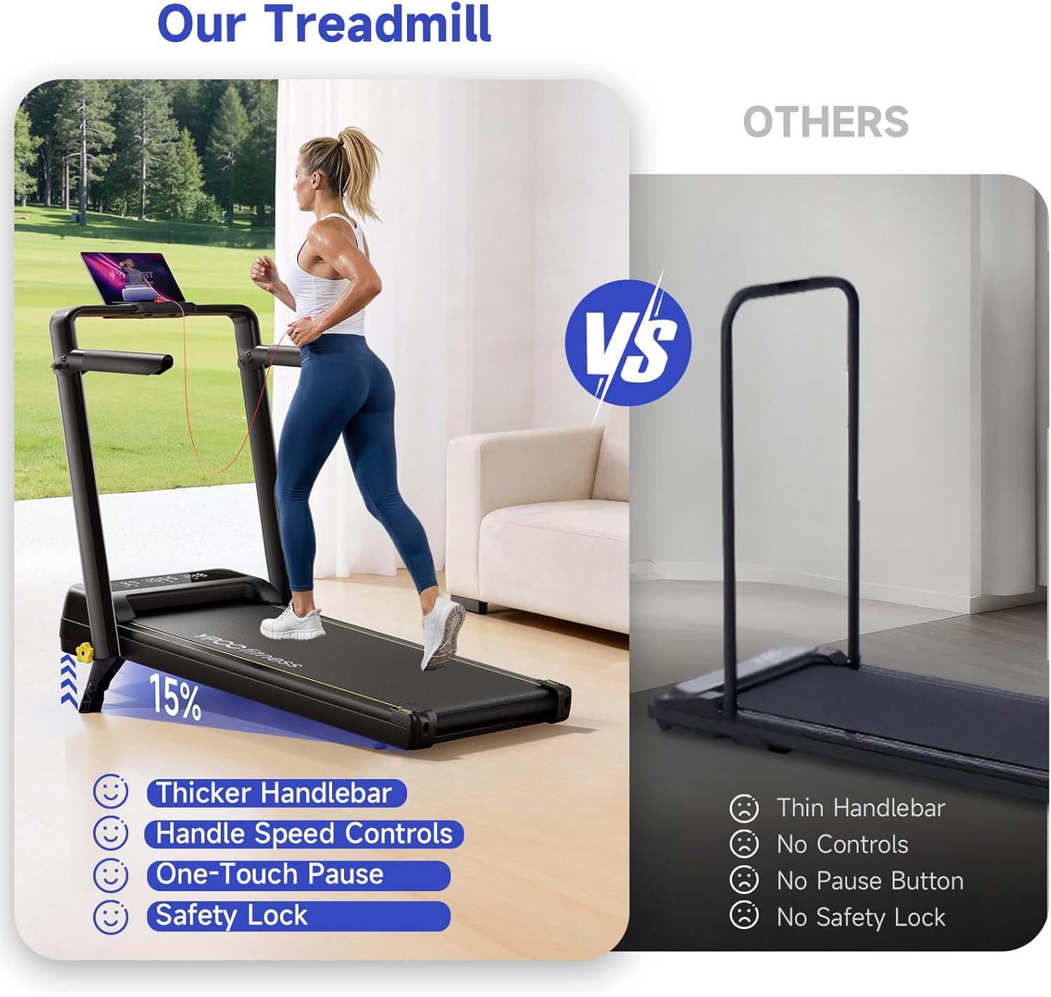 YPOO Foldable Treadmill with Incline, Walking Pad with Handle Bar 3 Level Incline, Portable Folding Treadmills for Home/Office 300 Lbs Capacity, Quiet Desk Treadmill with Remote Control & APP