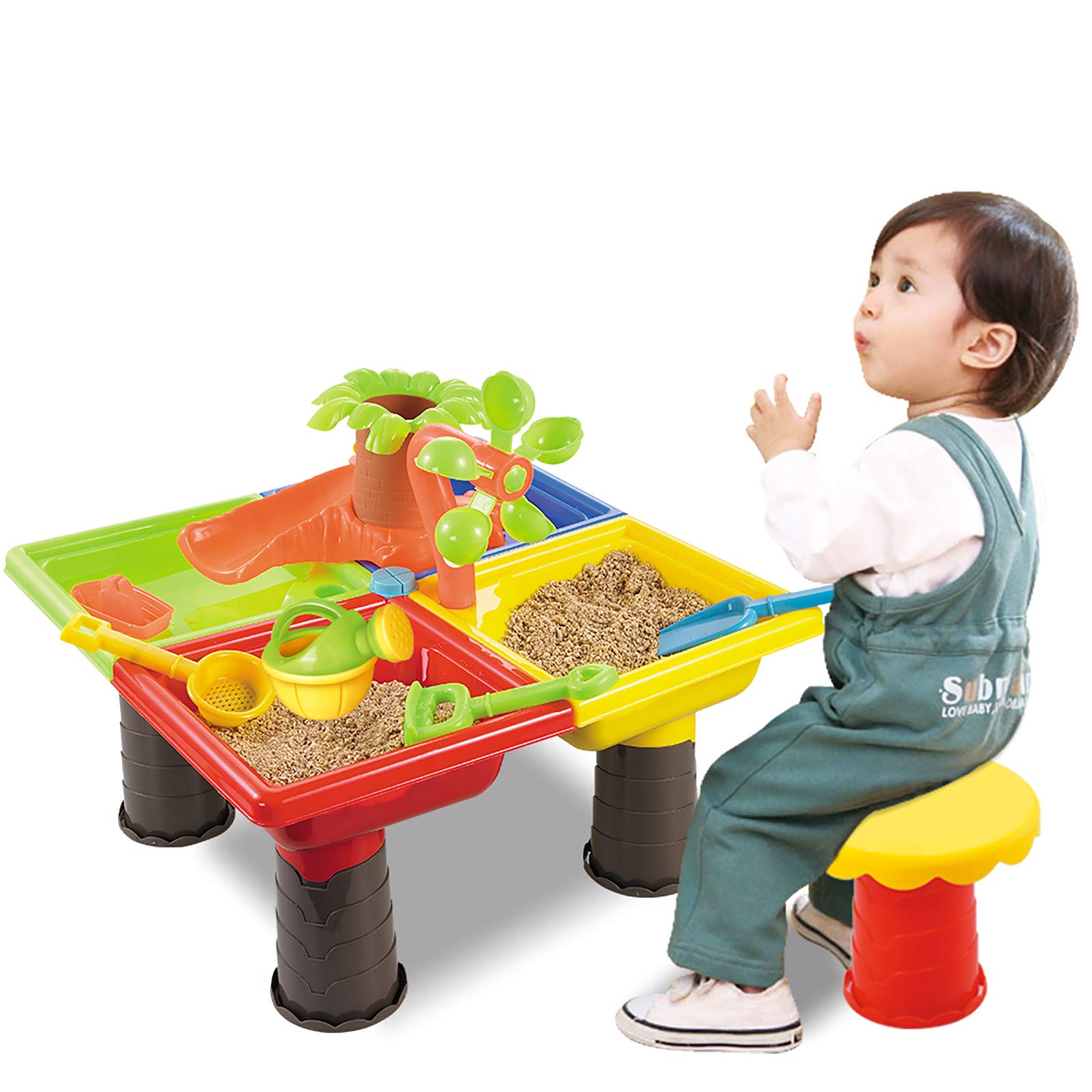 TEMI Beach Sand Toys Set w/ Activity Sand Water Table, Storage Sandbox Desk Play Set to Create Summer Fun, Outdoor Toys w/ Windmill Water slide, Molds, Bucket, Shovel for Kids, Boys and Girls (Square)