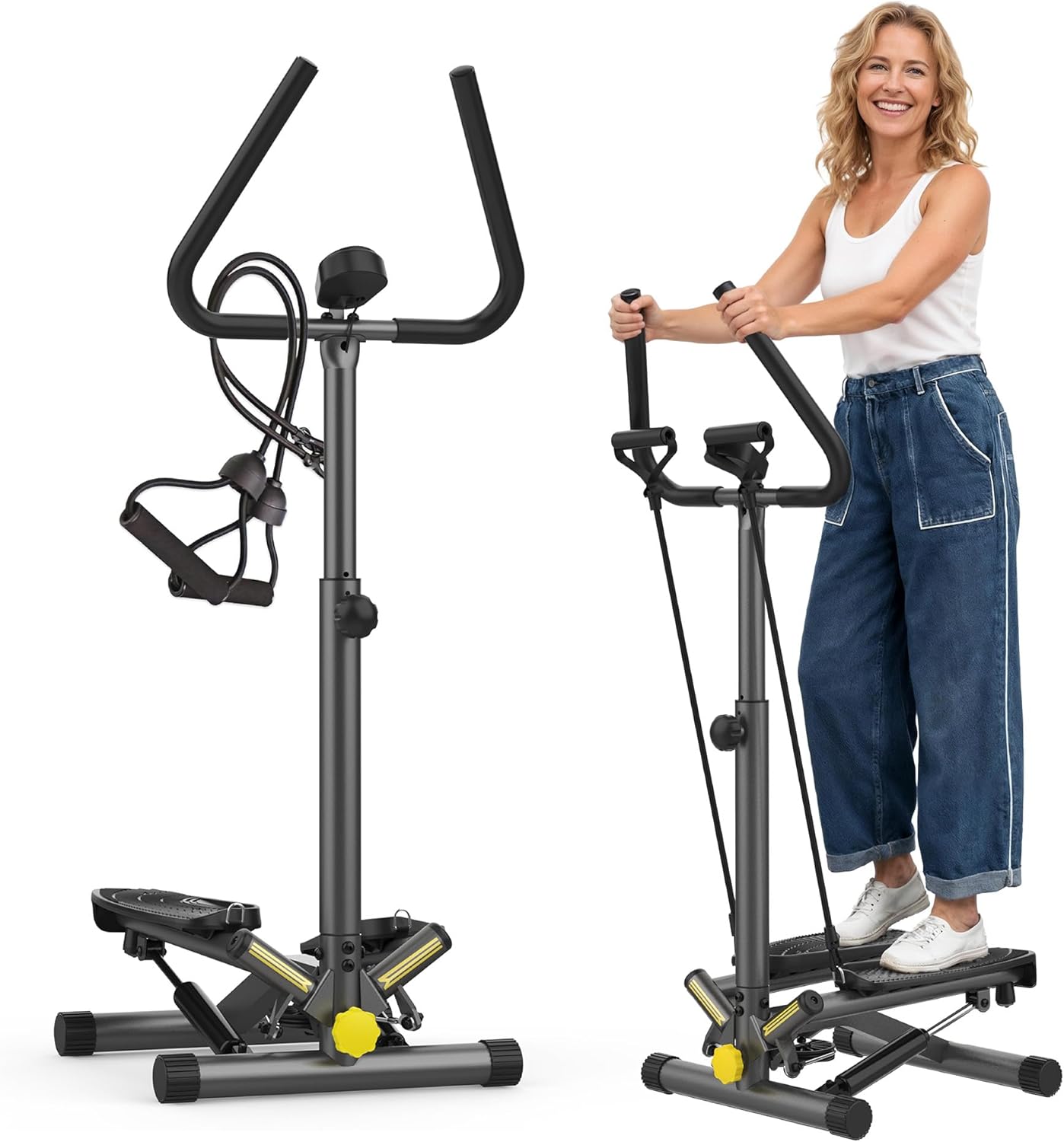 Stepper Machine with Resistance Bands, Mini Stepper with 300LBS Weight Capacity, Twist Stepper for Full Body Workout, Adjustable Step Height, Smooth and Quiet, Step Machine for Men Women