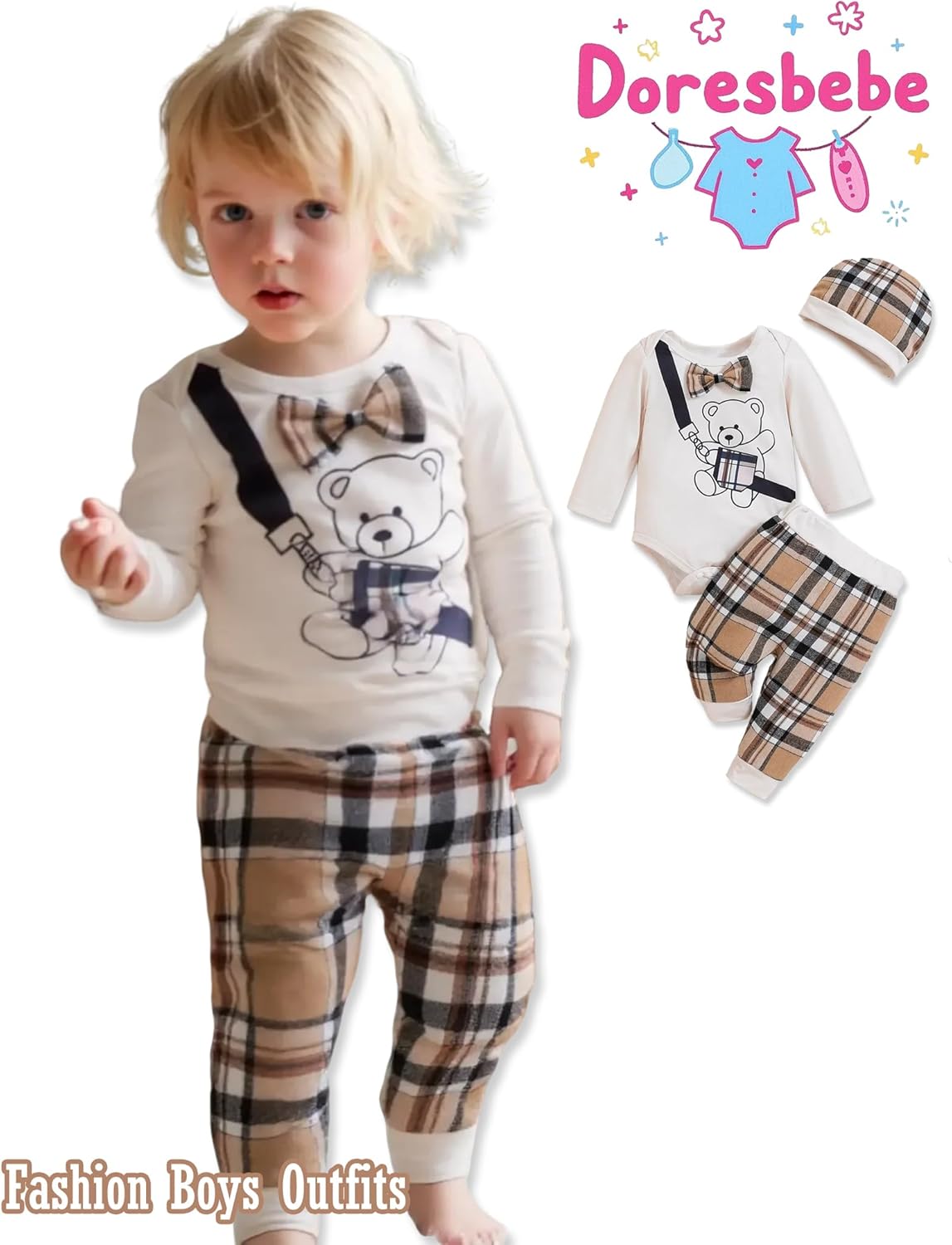 Newborn Baby Boy Clothes Boy Outfit Infant Romper Winter Fall Long Sleeves Pants Set Hat 3PC