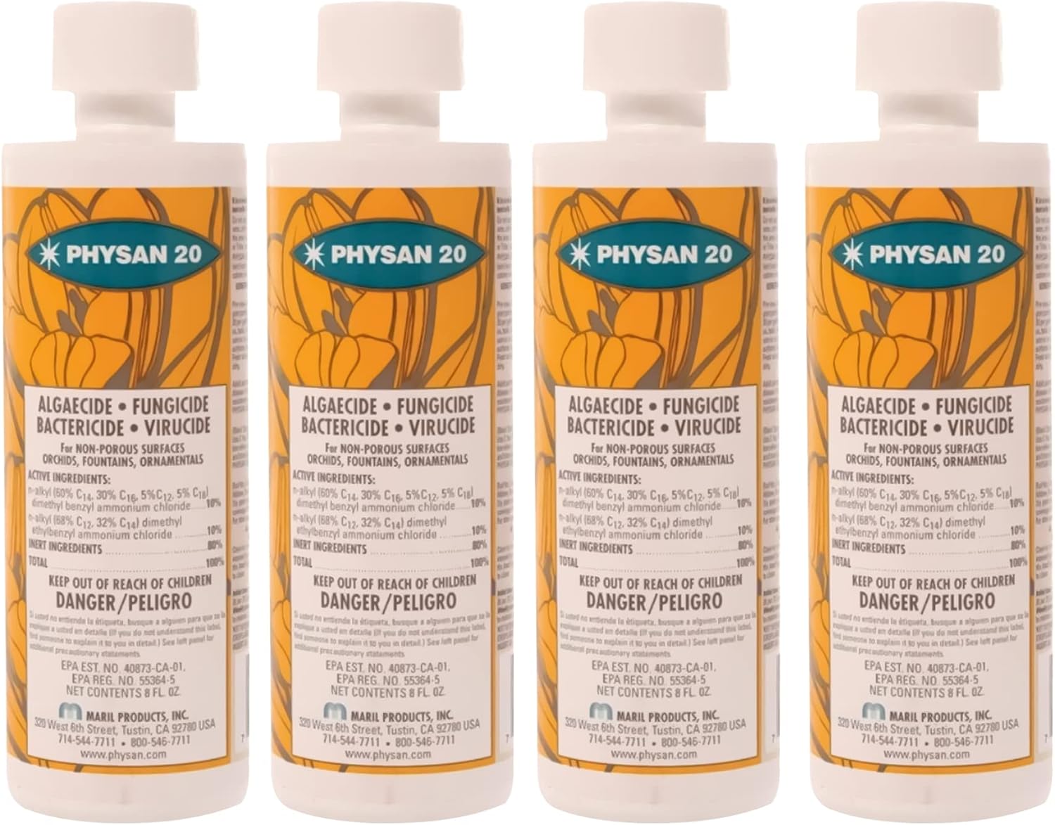 Hydrofarm Physan 20 Disinfectant Fungicide Virucide Algaecide Concentrate Cleaner for Hard Surfaces, Plants, Exteriors, Fountains, 16 Ounces (4 Pack)