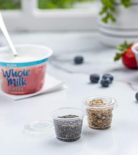 Miniatura 6 de Paquete de 100 tazas de porción  Tazas de 1 onza con tapas, a prueba de fugas y apilables, vasos de gelatina, tazas de condimentos