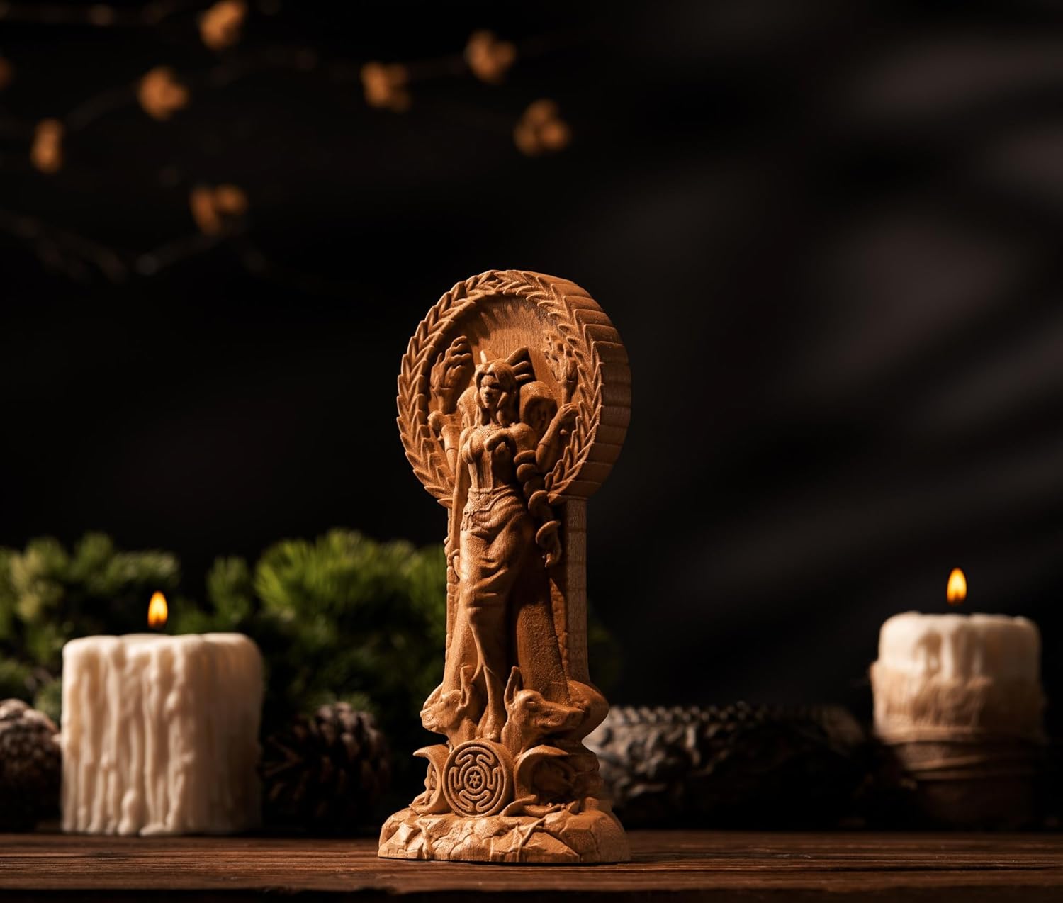 Wooden Hecate Triple Goddess Statue for Pagan Home Altar, Hexe Creative Craft Goddess Key, 3.5 x 1.5 x 9 inches (Wood)