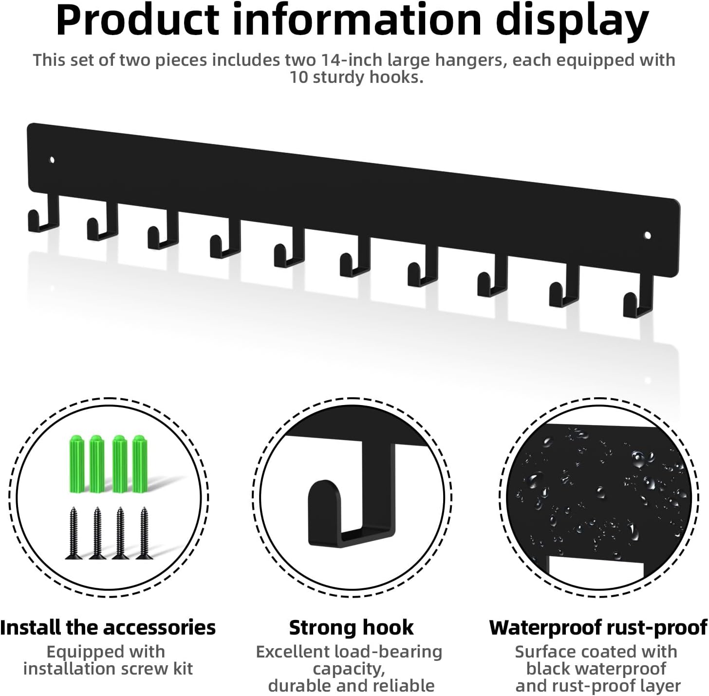 Key Holder Wall Mount,14in with 10 Hooks,Black Metal Key Hanger for Car Key Ring,Suitable for Entrances/Door/Living Rooms/Kitchen/Offices（2 Sets）