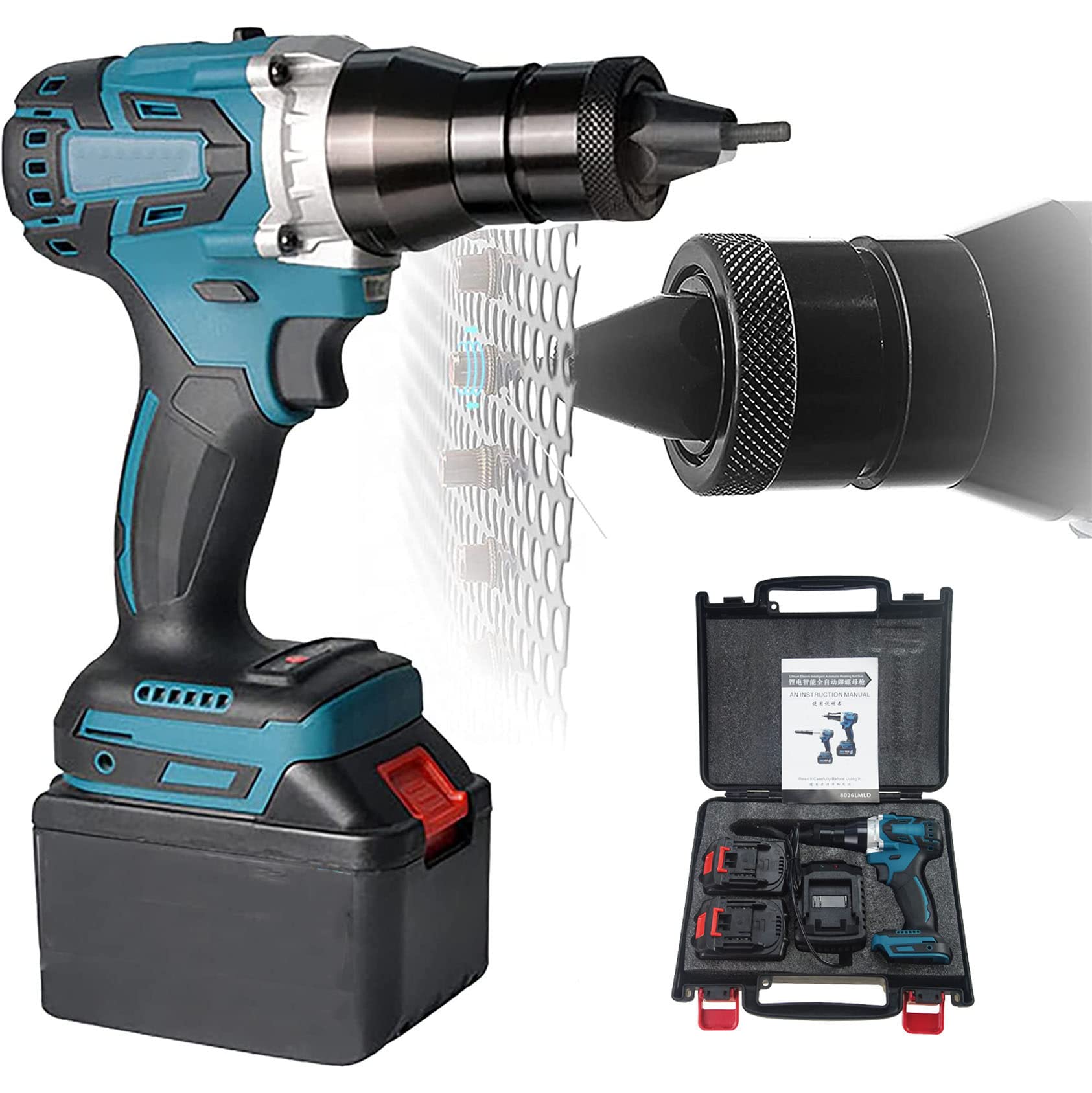 Adaptador De Pistola De Remache Eléctrico Herramienta De Inserción De Remachador Con 2 * Batería, 4000mah Portátil Inalámbrico Recargable Eléctrico Remachador Ciego