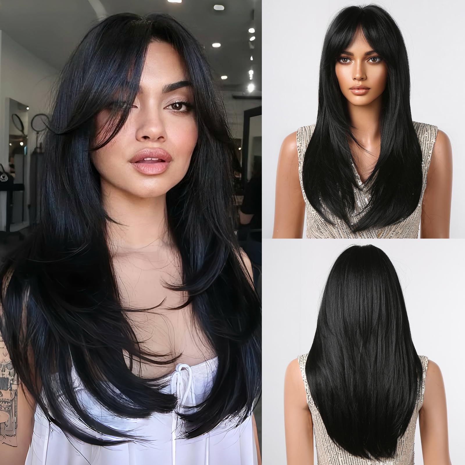 testar Black Wigs For Women Long Straight Black Wigs With Curtain Bangs Synthetic Heat Resistant Layered Wig Natural Looking Wigs For Daily Party Use