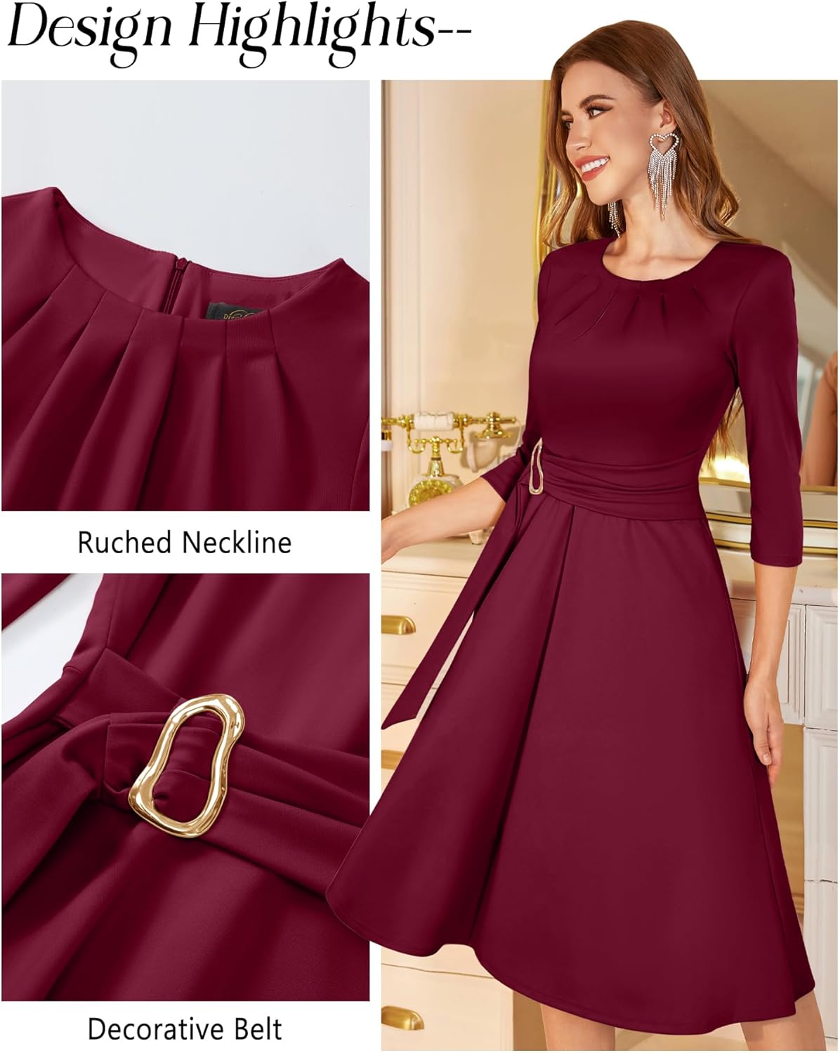 Dressystar Women's Wedding Guest Dress Spring A Line Midi Swing Long Sleeve Ruched Elegant Formal Cocktail Party Dresses 2026 - Image 5