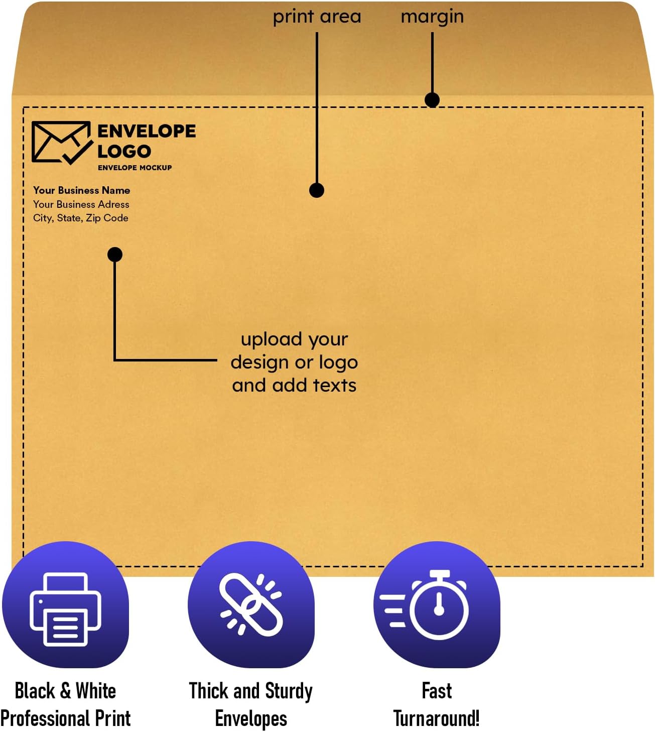 Customize and Print Your 10" x 13" Brown Kraft Booklet Envelopes - Upload Your Black & White Logo, Design and Return Address, Custom Professionally Printed 10x13 Envelopes, Gummed Flap - 50 per Pack
