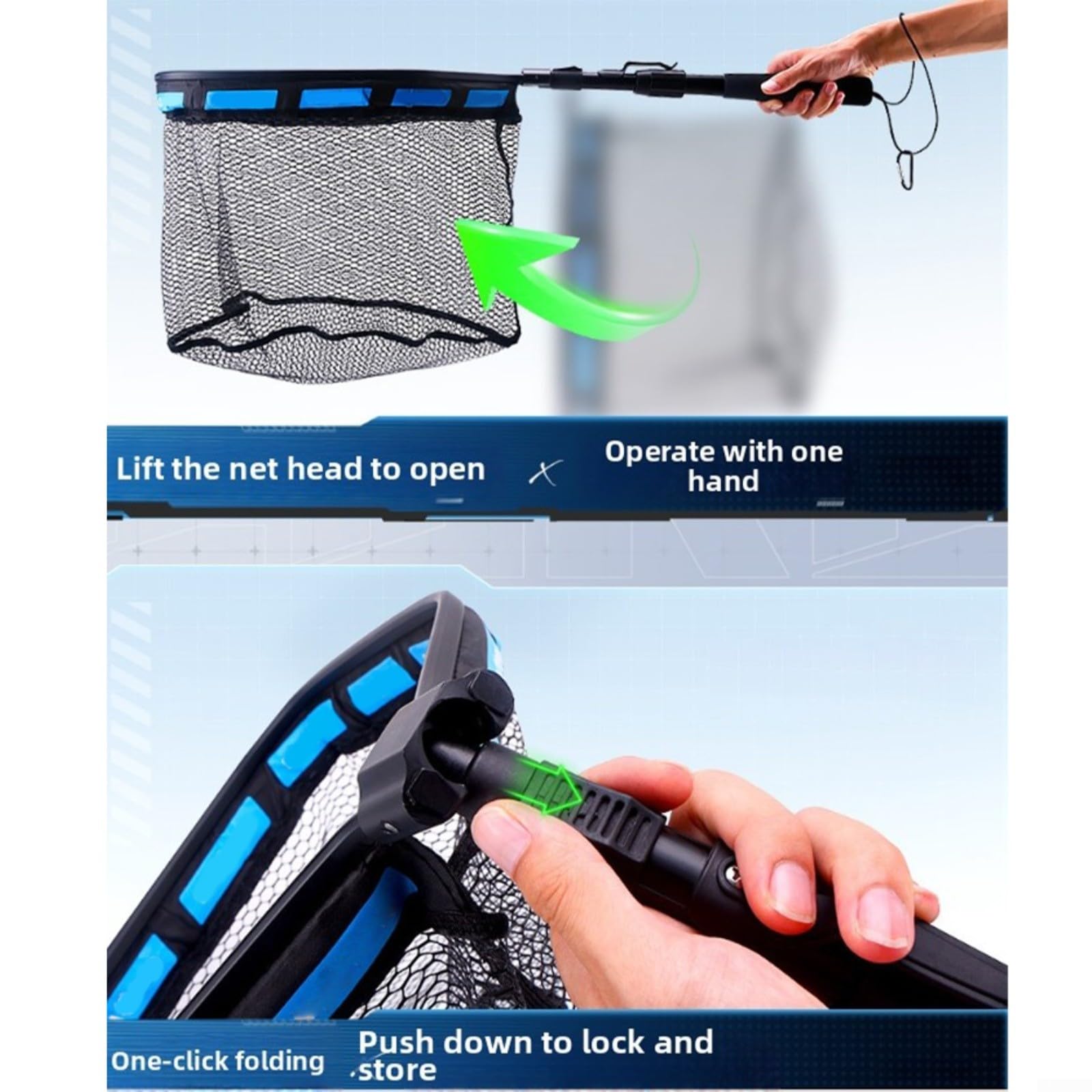 Retino galleggiante telescopico pieghevole, Retino da pesca retrattile, attrezzatura per la cattura dei pesci per acqua dolce e salata, con fibbia con un clic, design con cordino antiscivolo