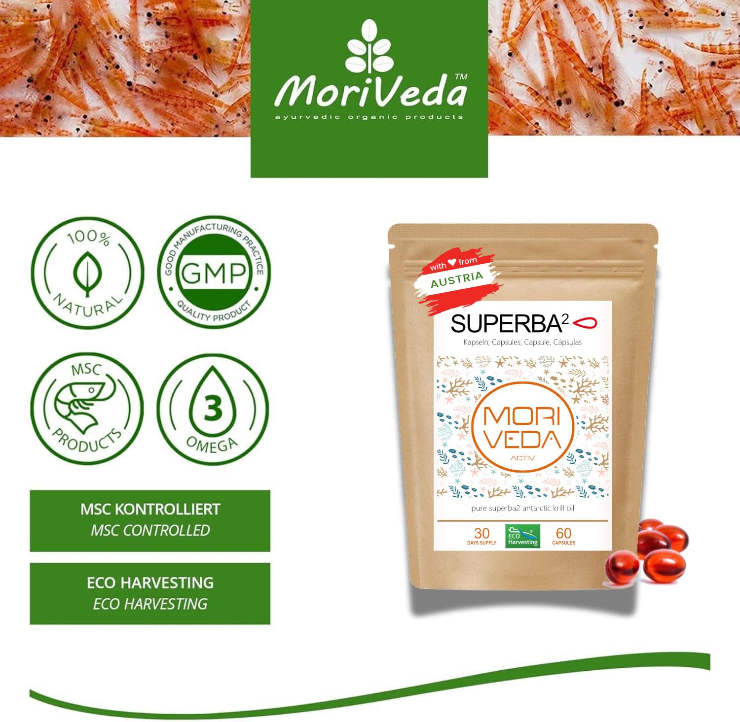 MoriVeda Superba Premium Krillöl, Softgel Caps, mit revolutionärem Omega 3 Öl, verestertem Astaxanthin, Antioxidantien und Vitaminen, MSC-zertifiziert & nachhaltig, 180 Stück