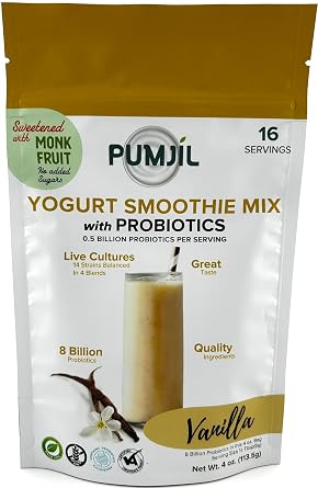 Pumjil Vanilla Yogurt Smoothie Mix, Sugar-Free Sweetened with Monk Fruit, 8 Billion Probiotic Live Cultures, 14 Strains in 4 Blends, Non-GMO, Gluten-Free, Resealable 4oz Bag, 16 Servings