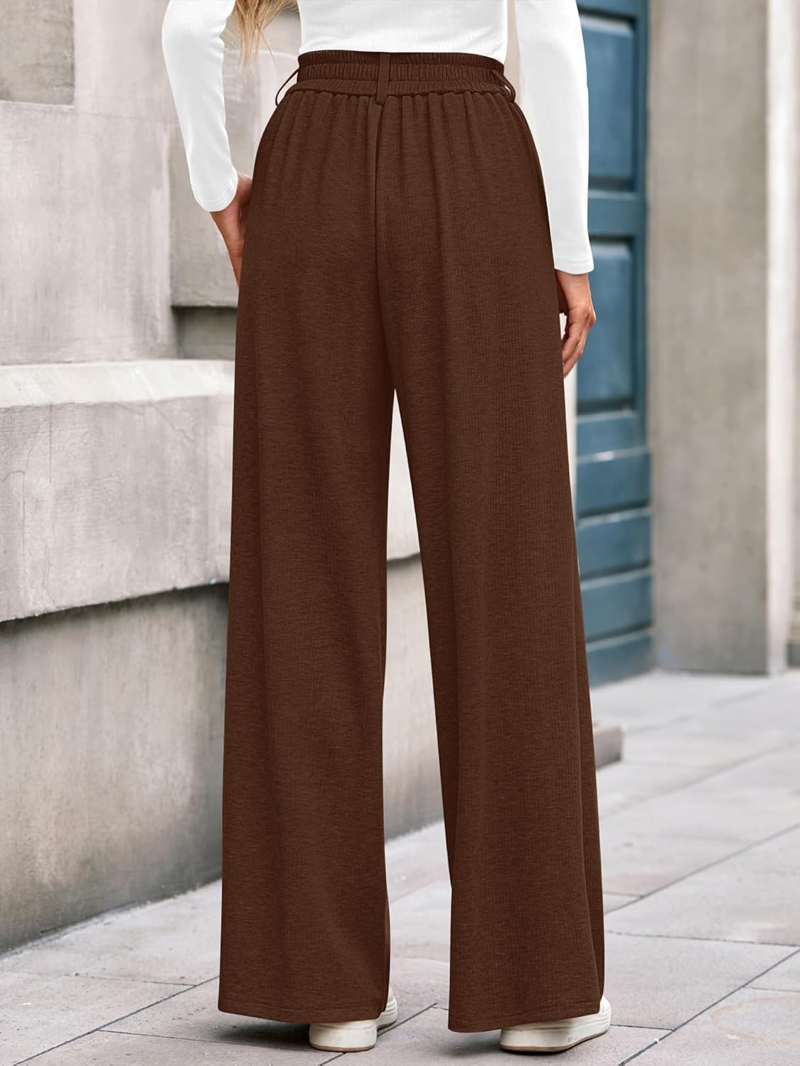 BTFBM Wide Leg Pants for Women Dressy Work Business Casual Elastic High Waisted Trousers Ribbed Lounge Palazzo Pants - Image 3