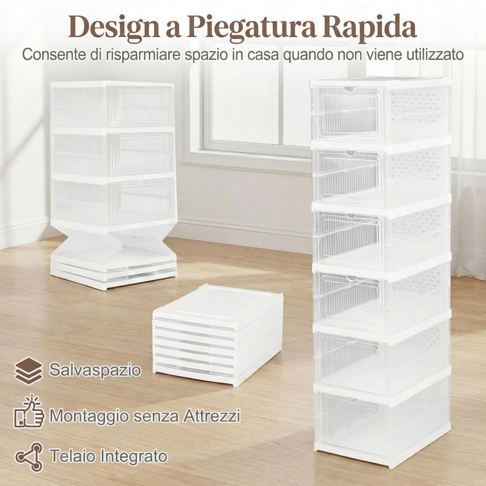 COSTWAY Scatole per Scarpe, Set di 2 Organizzatore per Scarpe a 6 Livelli, Scatole Pieghevoli in Plastica con Porta Frontale a Ribalta, Scarpiera Salvaspazio per Ingresso e Soggiorno