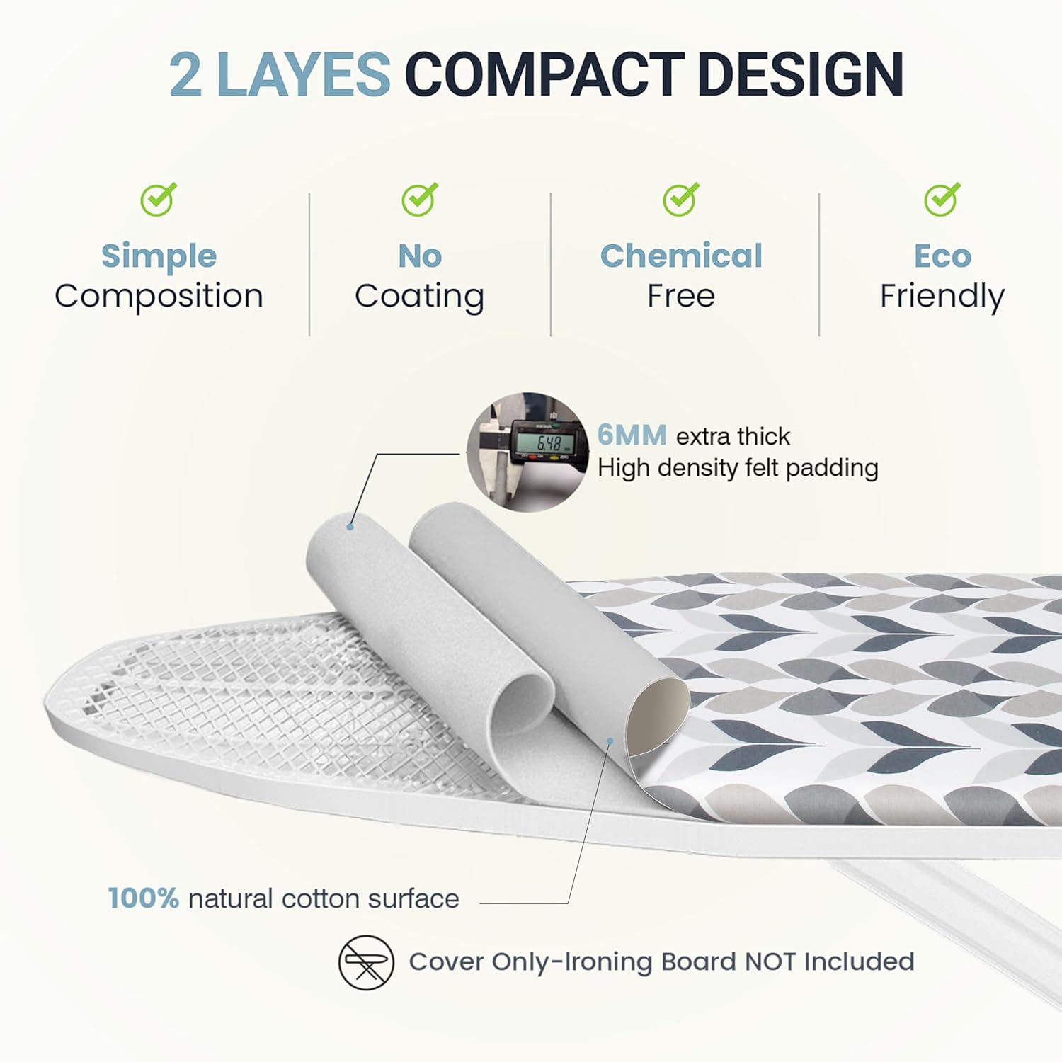 UniSimp Ironing Board Cover and Pad 12.5x30 Extra Thick Natural Cotton, Scorch and Stain Resistant Padding, Standard Size Iron Board Cover with Fasteners Heavy Duty Elastic Edge, Heatproof Foliage