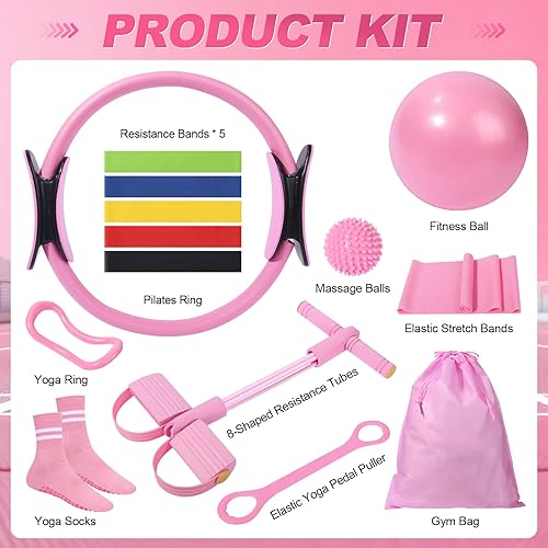 Miniatura 5 de Kit de pilates de 14 piezas, kit esencial de pilates para mujeres, equipo de pilates para el hogar con anillo de bola circular de yoga, 5 bandas de