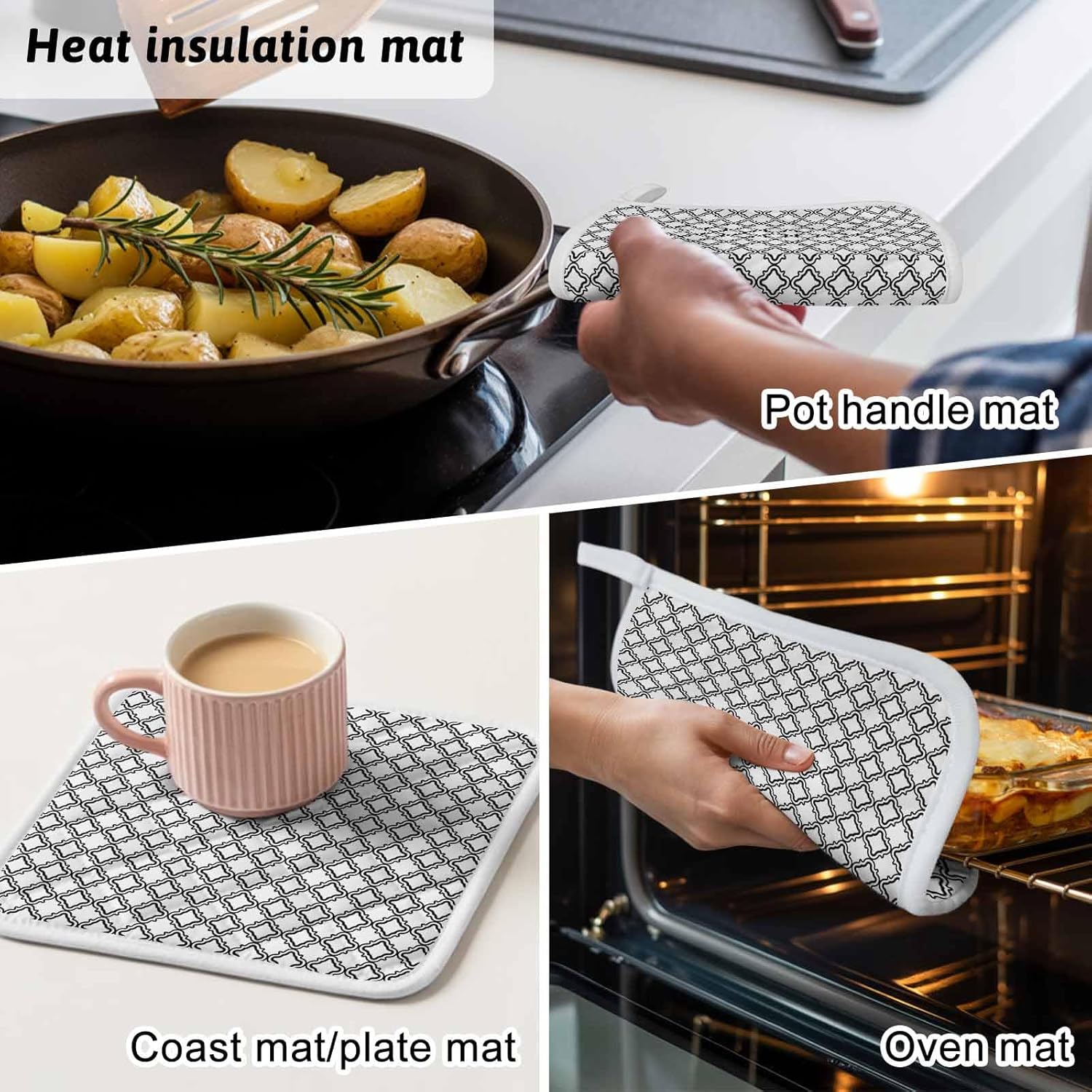 Black White Morocco Pot Holders for Kitchen Heatproof Potholder, 5 Pack Modern Abstract Classic Geometric Hot Pads Multipurpose Oven Pads Cloth Potholders Trivet for Cooking Baking