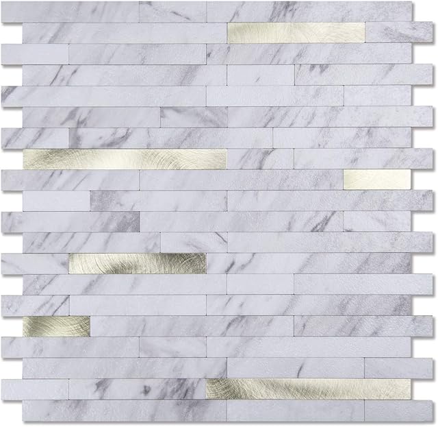 Amazon Brand - Umi10-Sheet Peel and Stick Stone Backsplash Tile for Kitchen, Bathroom - Volakas White Embellished with Metal Silver (Volakas White + Matel Gold)