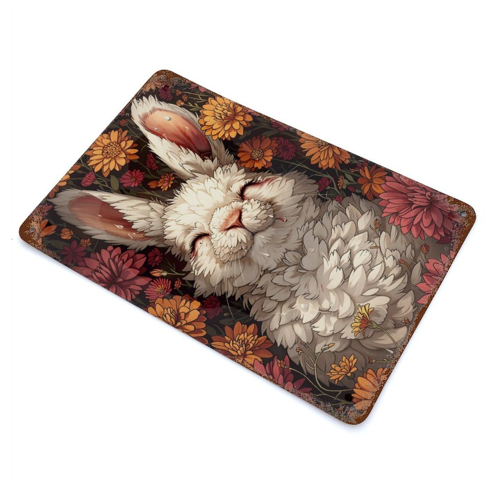 White Rabbit in Flowers 11.8"x7.9" Rusty Metal Tin Sign, Shabby Chic Decor for Bistro, Counter And Cafe Decor