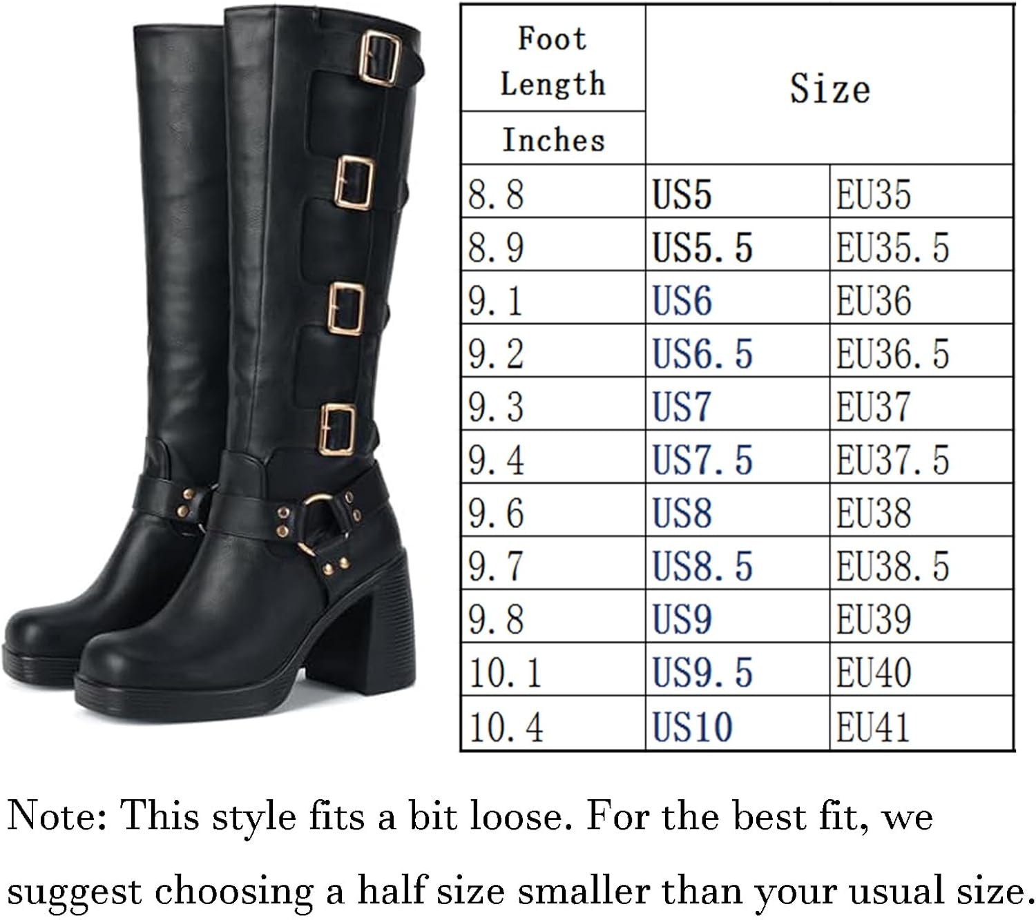 Seborluys Knee High Buckle Boots for Women Square Toe Chunky Block High Heel Pull On Gothic Riding Boots with Fleece Lining - Image 7