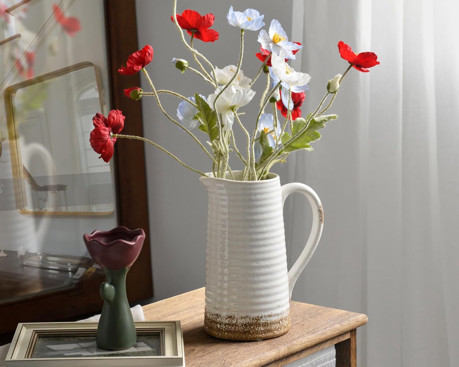 Quoowiit Ceramic Rustic Vase with Handle, White Distressed Decorative Farmhouse Pitcher Vase for Home Decor Living Room Bedroom Kitchen Office Shelf Decor Centerpiece Table Decoration - Image 2