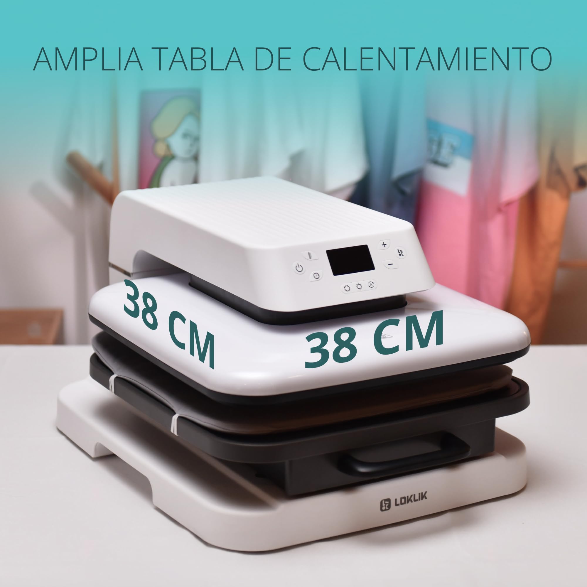 LOKLIK Prensa Térmica Automática Prensa Térmica Blanca - Adhesivo Térmico Impresión Textil - Prensas Térmicas de Vinilo Transfer Para Camisetas, Bolsos, Bolsas y Otros Textiles Maquina de Sublimacion