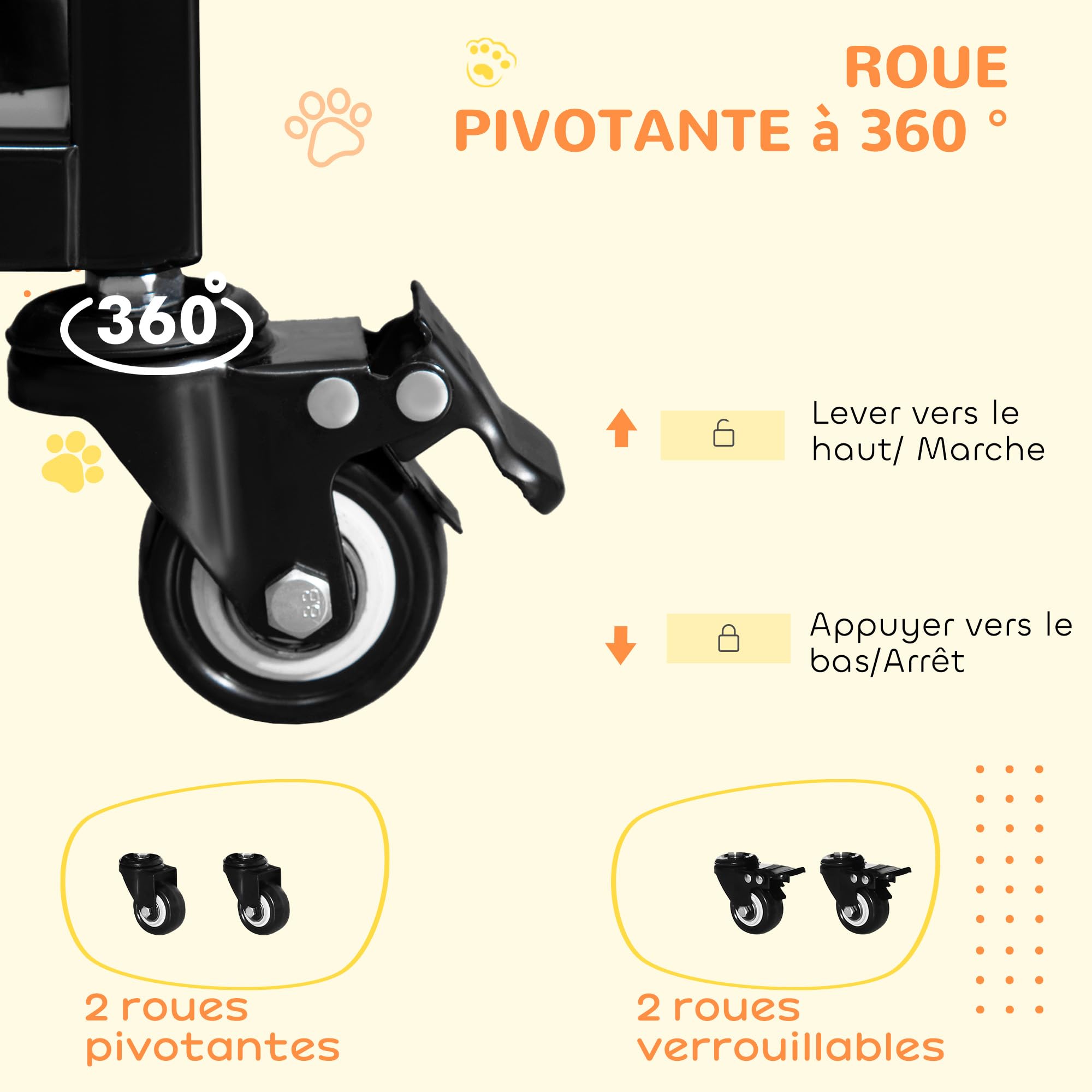 PawHut Cage pour Chien Animaux, sur roulettes 92L x 62l x 75H cm Noir | Cage de Transport, 2 Portes Verrouillables, Plateau Amovible, Charge Max. 150 Kg