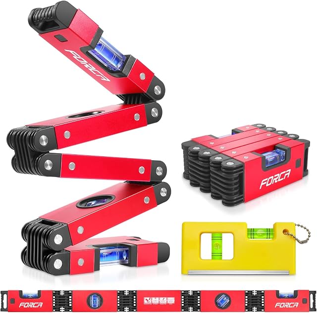 FORCA Foldable Level, Magnetic Folding Level Tool, Multi-Angle Measurement Woodworking Tools, Multi-Function Portable Level Measuring Tool with 4 Level Bubbles 45°/90°/180° + Pocket Level