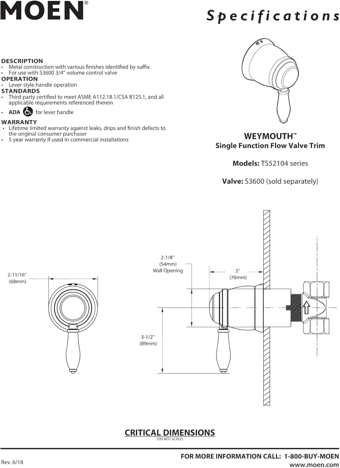 Moen TS5104BL Weymouth Volume Control Trim Kit, Valve Required, Matte Black