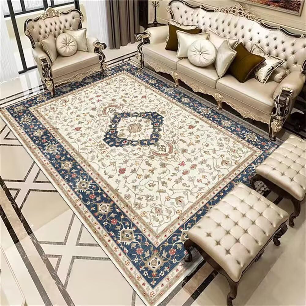 Tapis rétro beige et bleu en moquette doux 100x160 cm idéal pour intérieur ou extérieur