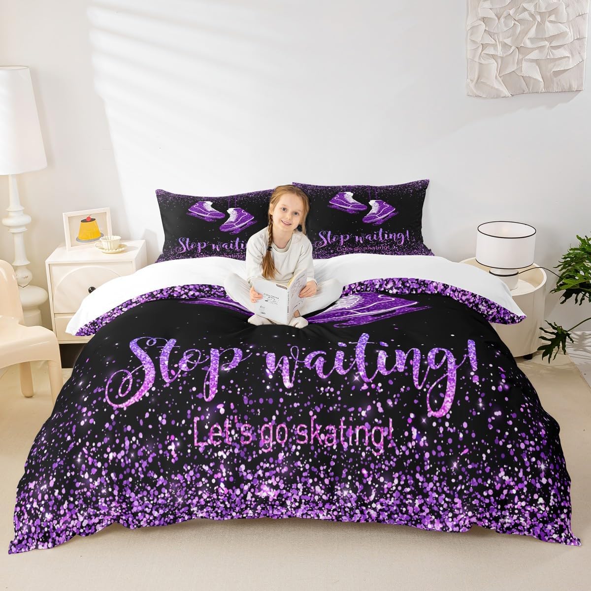 Homewish Skate Shoes Duvet Cover Set Full,Ice Skating Game Bedding Set 3pcs for Kids Teens Girls Room Decor,Extreme Sport Comforter Cover Glitter Purple Quilt Cover with 2 Pillowcases