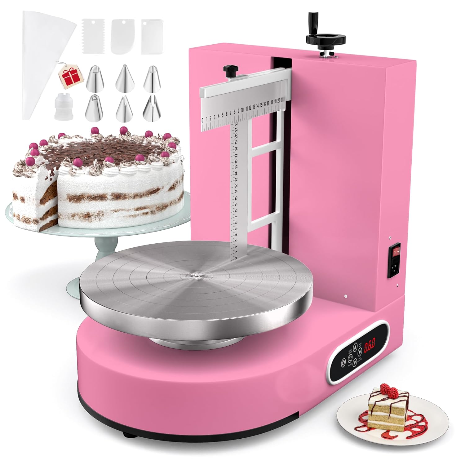 PYY Cake Decorating Machine - 4-12 Inch Automatic Cream Spreading for Cake Frosting Machine 60-320 RPM with Graduated Scrapers Electric Turntable Pink