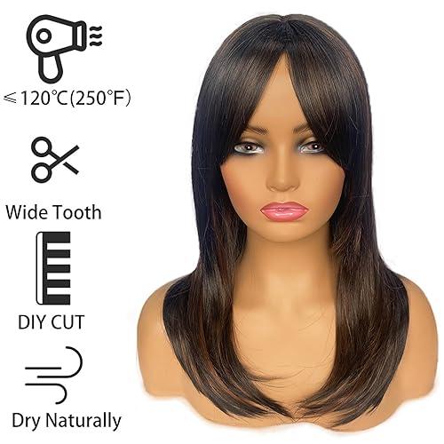 Miniatura 3 de Peluca larga con flequillo, peluca negra y brwon en capas para mujer, de aspecto natural, resistente al calor (20 pulgadas)