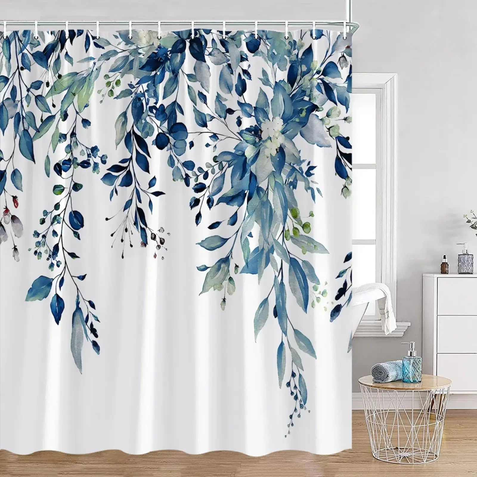 JGGXHM Green Leaves Shower Curtains Watercolour Eucalyptus Leaf Modern Minimalist Bath Curtain Polyester Home Bathroom Decor Hooks 119x183cm/WxH washable shower curtain