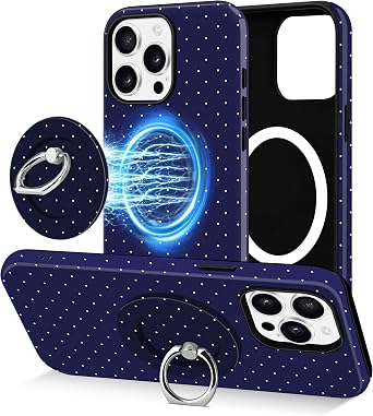 Jusy Compatible with Magsafe Polka Dot Phone Case for iPhone 14 Pro Max, Cute Aesthetic Magnetic Ring Holder Stand Case, Soft TPU and Hard PC Protective Phone Cover for Women Girls - Blue Polka Dot