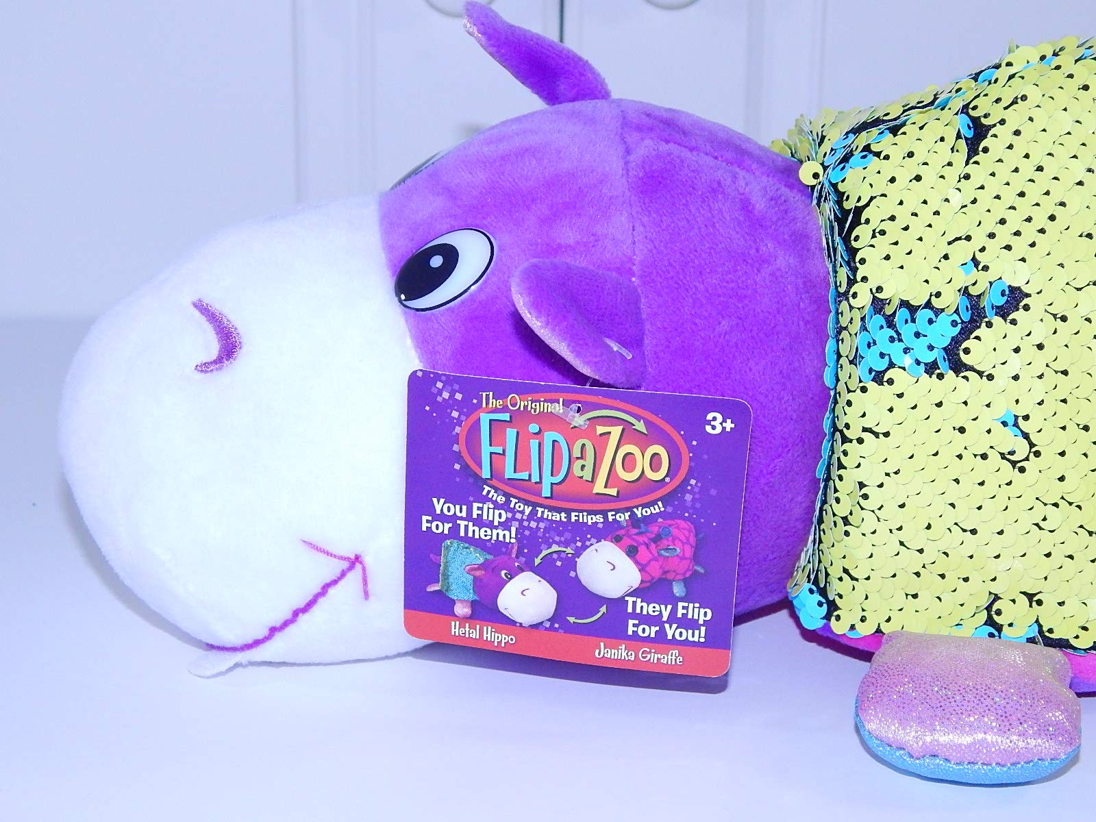 FlipaZoo Sequin (Hippo / Giraffe) The Pillow with 2 Sides of Fun for Everyone - Each Huggable Character is Two Wonderful Collectibles in One