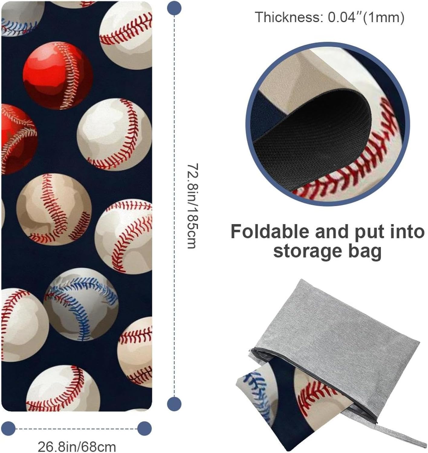 Yoga Towel, Baseball Pattern Non Slip Sweat Absorbent Hot Yoga Mat Towel for Hot Yoga, Pilates and Fitness - 72.8" x 26.8"