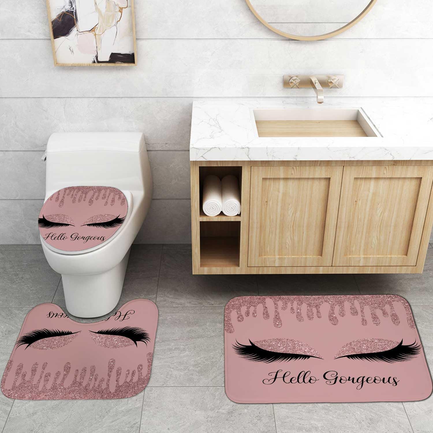 4PCS Rose Gold Glitter Hello Gorgeous Shower Curtain Set, Bling Unicorn Eyelash Makeup Glam Fashion Girly Teenage Girls Women Pink Bathroom Decor, Fabric Shower Curtain, Bath Mat Toilet Rug