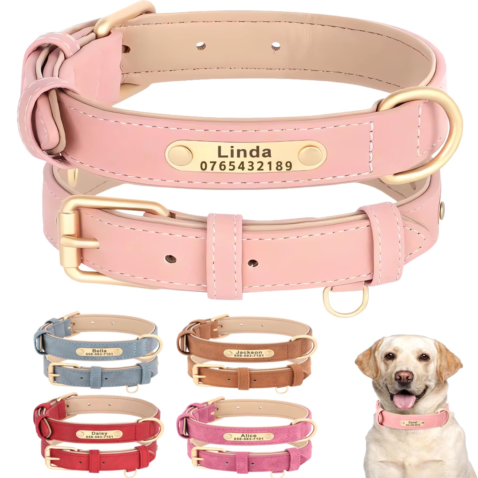 SEOUGEE Personalised Leather Dog Collar, Soft Padded Leather Dog Collars Heavy Duty with Custom Engraved Name Plate Adjustable for Small Medium Large Dogs (M, Baby Pink 28-37cm)