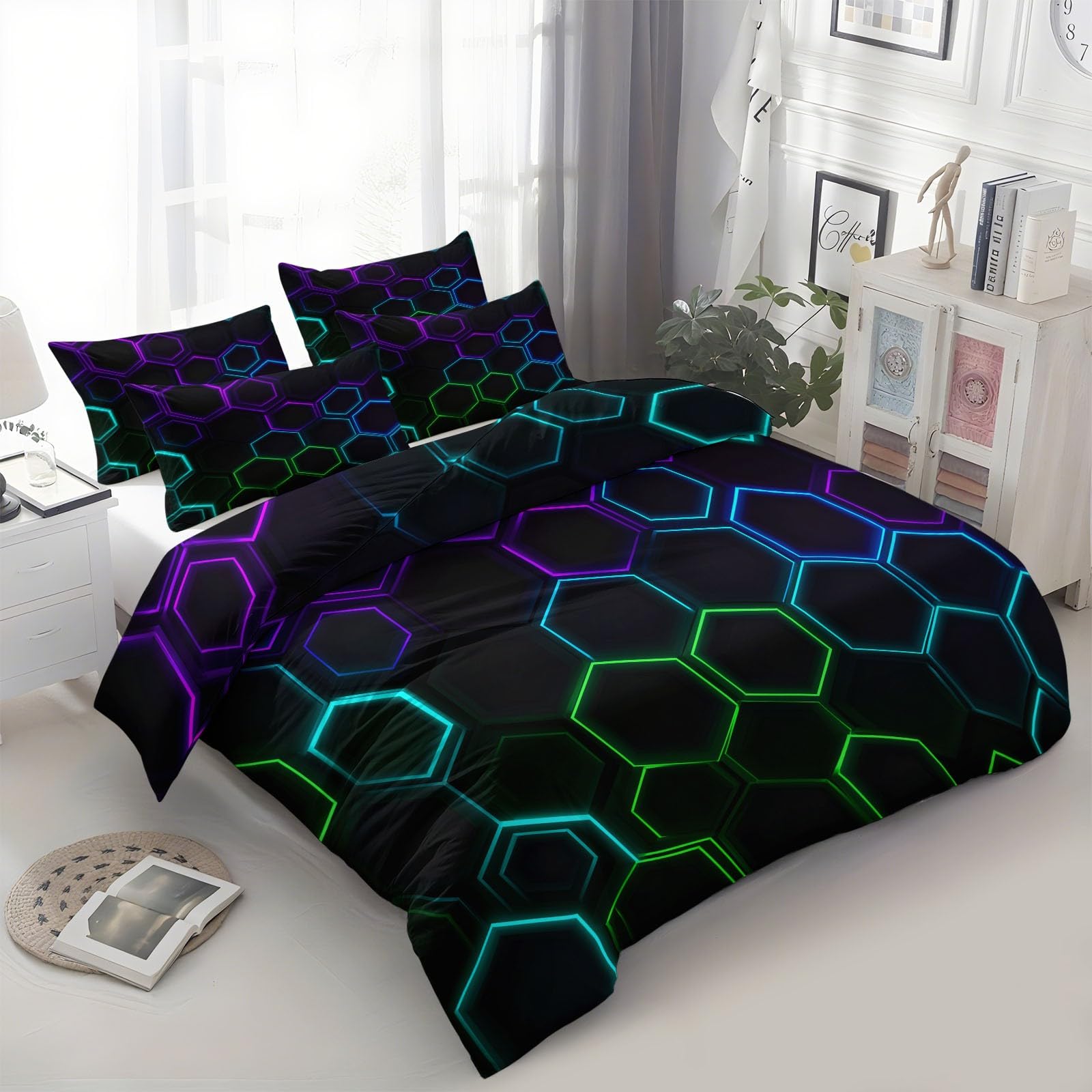 King zestaw pościeli, neonowa, sześciokątna, geometryczna, dwustronna poszewka na kołdrę 230 x 220 cm, ultrasoft, hipoalergiczna, nie wymaga prasowania, abstrakcyjny design, luksusowe zestawy pościeli