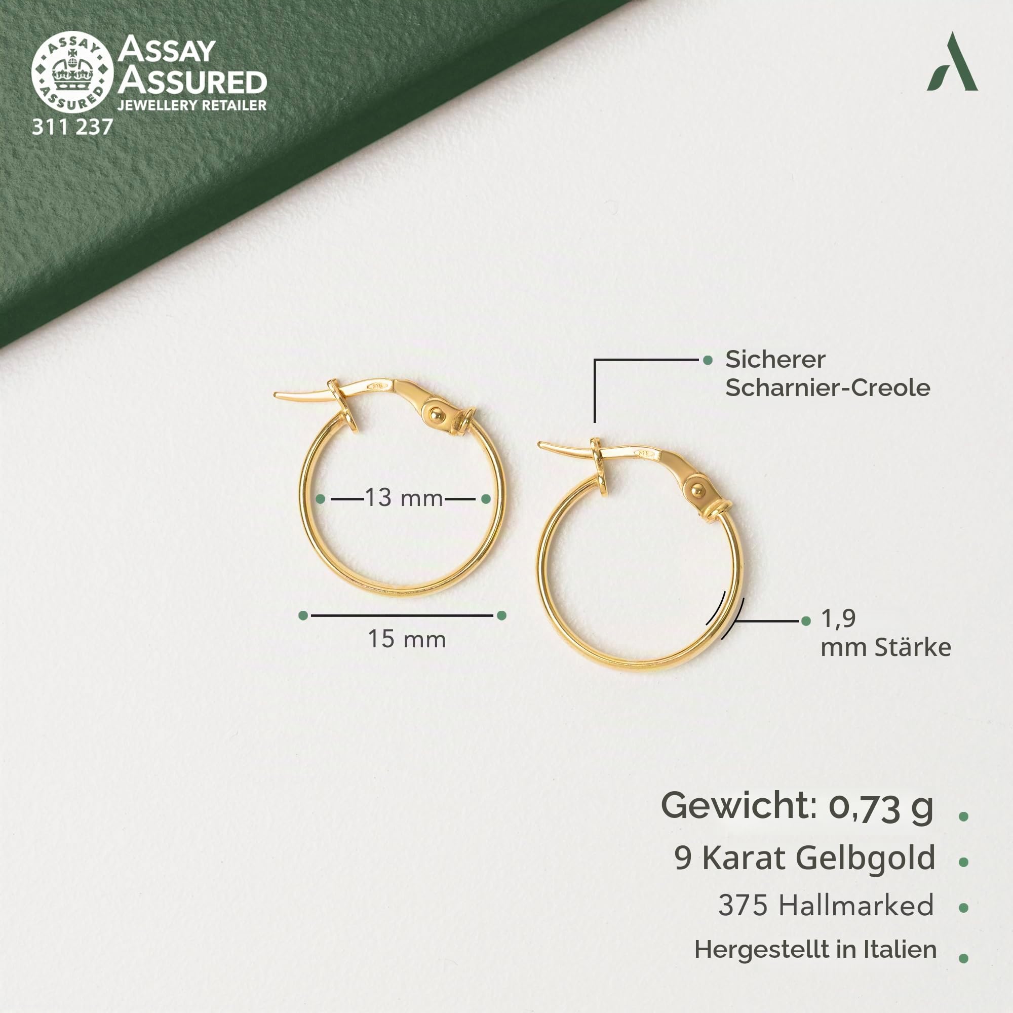 Amberta 9K 14K Ohrringe Kreolen Gold für Damen, Kleine Dünne Klassische Glatte Schlafohrringe, Echt Goldcreolen 10 15 20 25 mm, Hergestellt in Italien