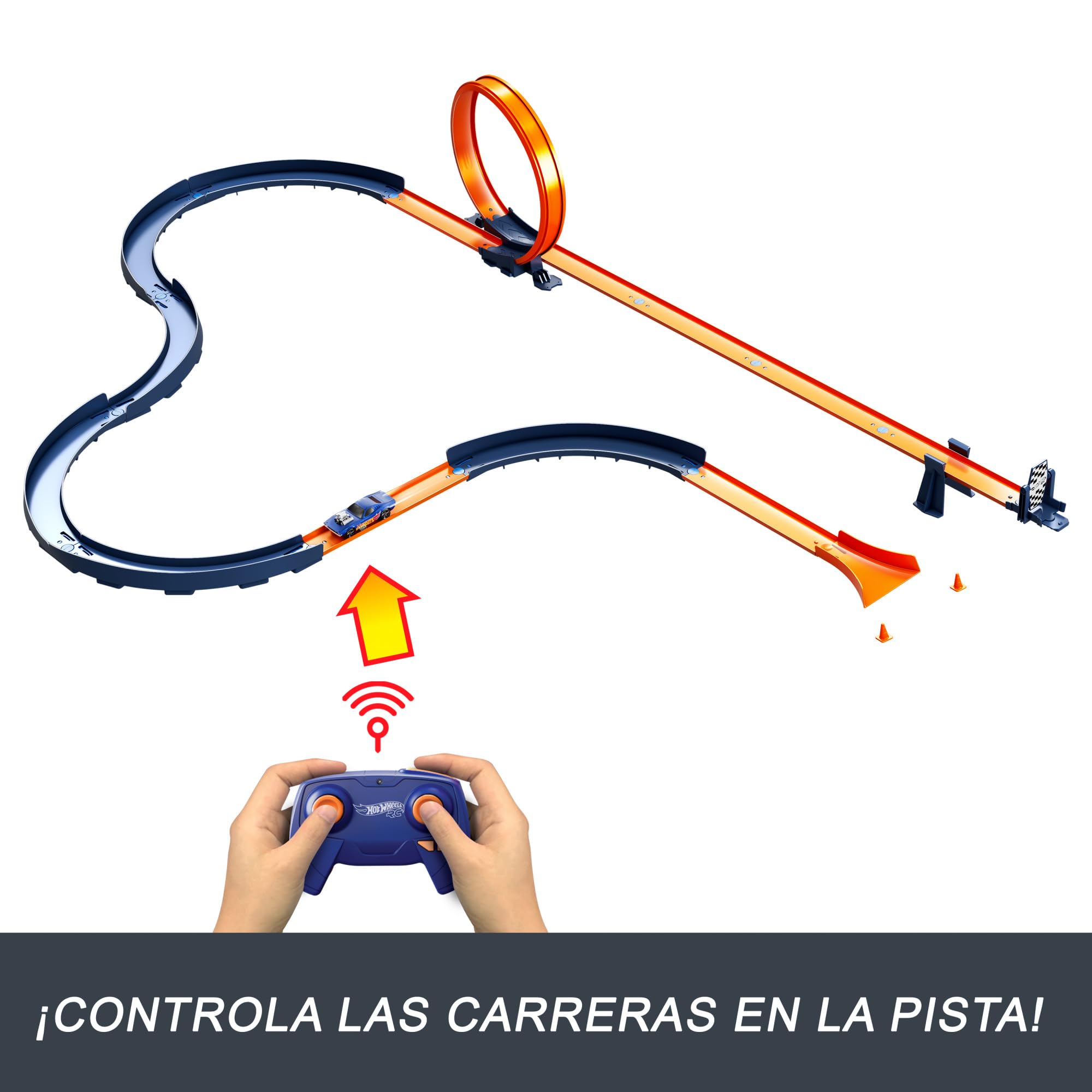 Hot Wheels RC Speed Challenge Track Set y Coche teledirigido | Set a escala 1:64 con más de 30 piezas de pista para crear múltiples configuraciones, HXX45