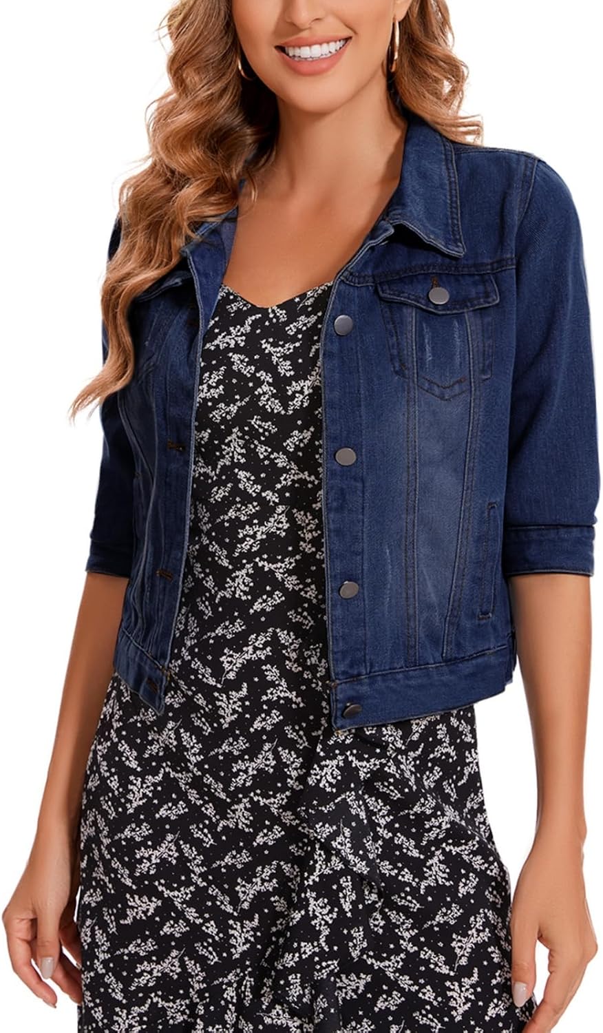 MINTLIMIT Women's Cropped Denim Jacket 2025 Lapel Jean Coat Button Trendy 3/4 Sleeve Stretch Short Plus Size Denim Jacket - Image 4