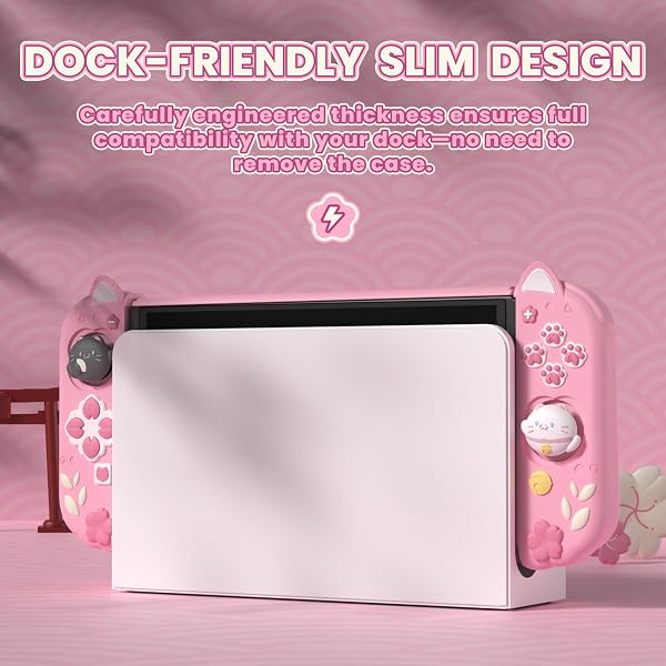 playvital Cover Dockable per Nintendo Switch OLED, Custodia Grip Silicone per Joycon &Copertura Console Protettiva Rigida &Supporto Regolabile &Copri Analogici Carini, Gattino di Fiori-Rosa - 3