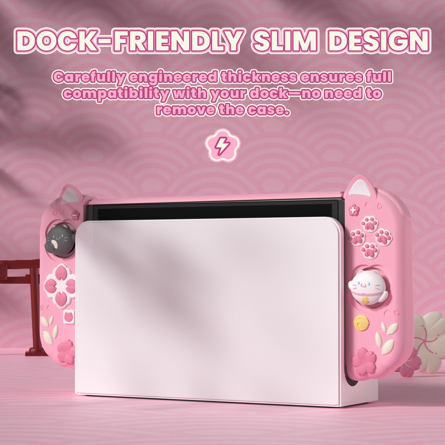 playvital Cover Dockable per Nintendo Switch OLED, Custodia Grip Silicone per Joycon &Copertura Console Protettiva Rigida &Supporto Regolabile &Copri Analogici Carini, Gattino di Fiori-Rosa - 4