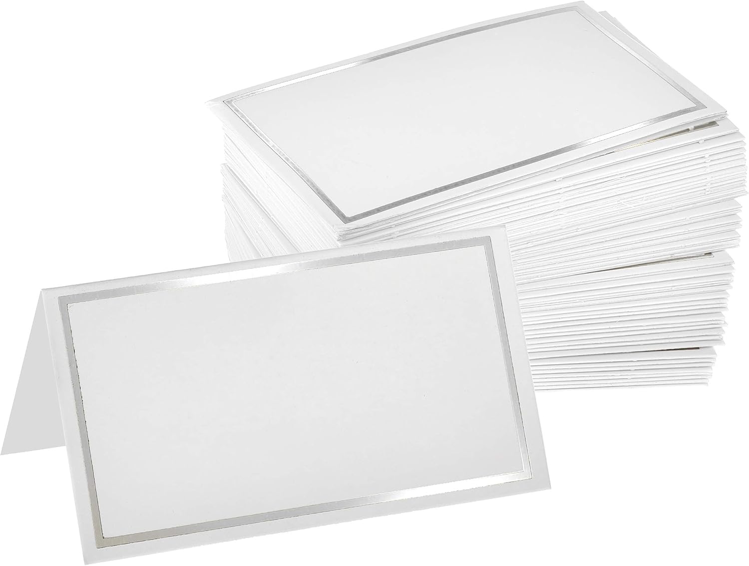 Alpine Industries Tent Place Cards 2” x 3.5”, Place Cards for Weddings, Events, & Special Occasions High-Grade Elegant Design - (White - Silver Border)