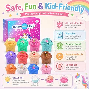 Fluffy Slime Kit -12 Pack Butter Slime Kits,Include Rainbow Unicorn and Fruit Slime,Super Soft and Non-Sticky,Stress Relief Slime Putty Toy for Girls Boys