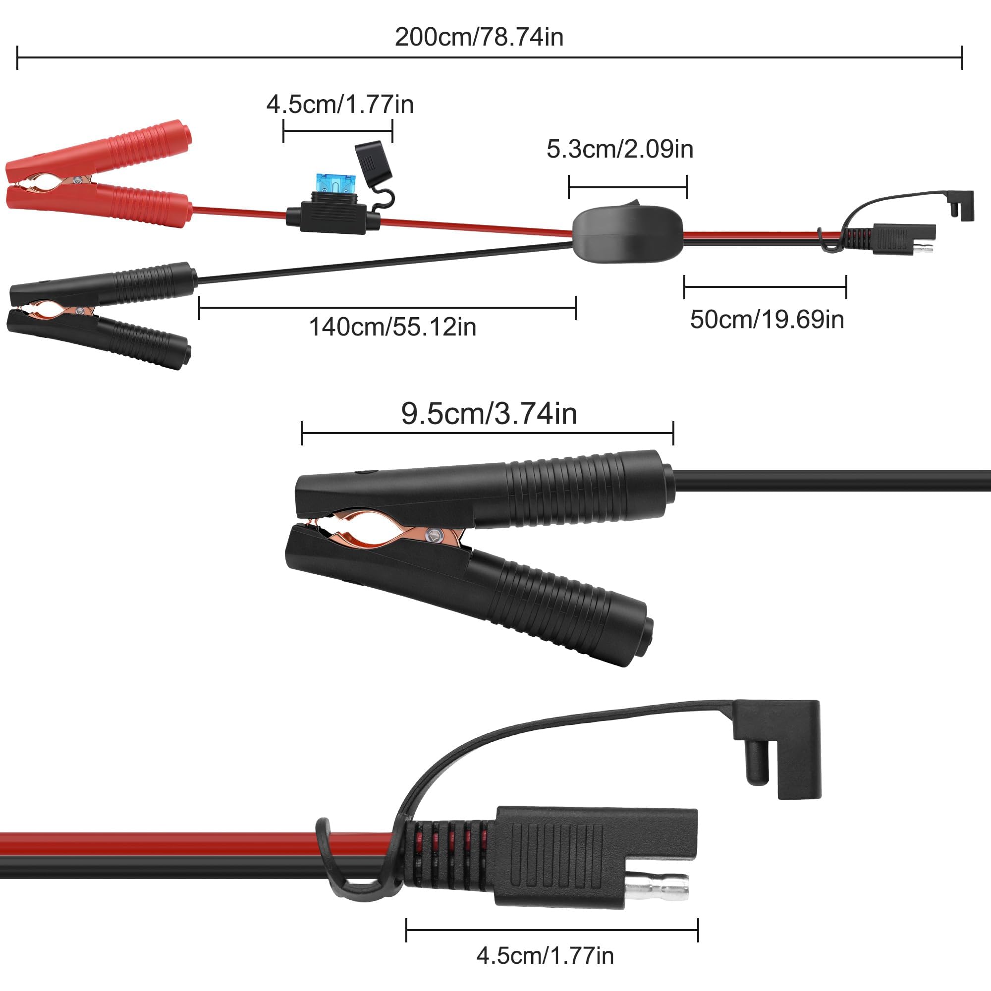 XMSJSIY Cavo di ricarica SAE a clip a coccodrillo, 12 V, 14 AWG, SAE a batteria, clip a coccodrillo, collegamento rapido, cavo di separazione con fusibile da 15 A e interruttore on/off, per auto
