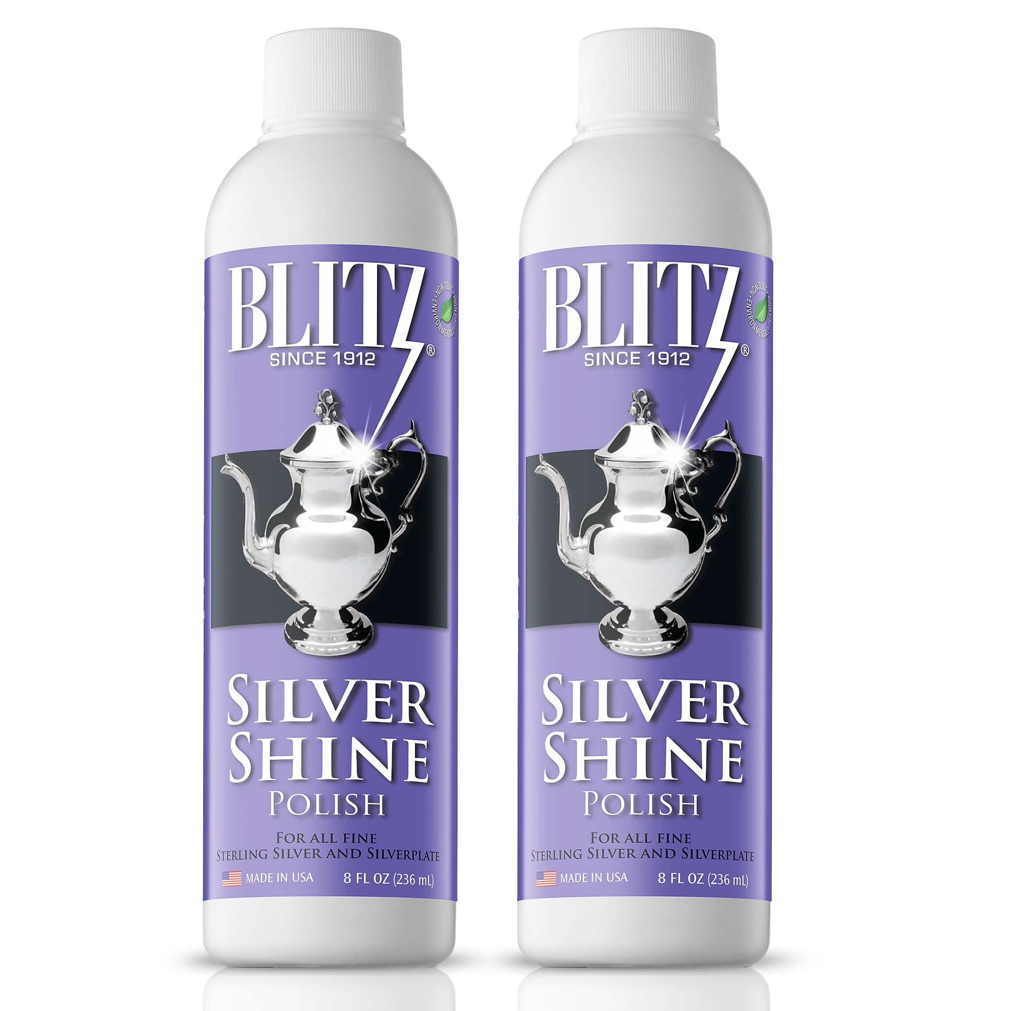 Blitz Silver Shine Polish Liquid Silver Polish for Sterling and Silverplate Jewelry, Dishes, Flatware, Fixtures, & Decor Non-Toxic, Non-Abrasive, & Planet Friendly Made in The USA 8oz Pack of 2