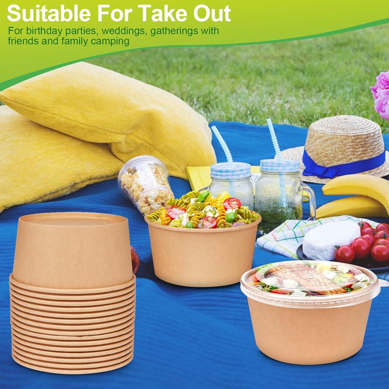 greensight 42oz Disposable Soup bowls, 50 Pack Paper Bowls With Lids, Large Salads Bowls, Heavy Duty Serving Bowls For Hot/Cold Food